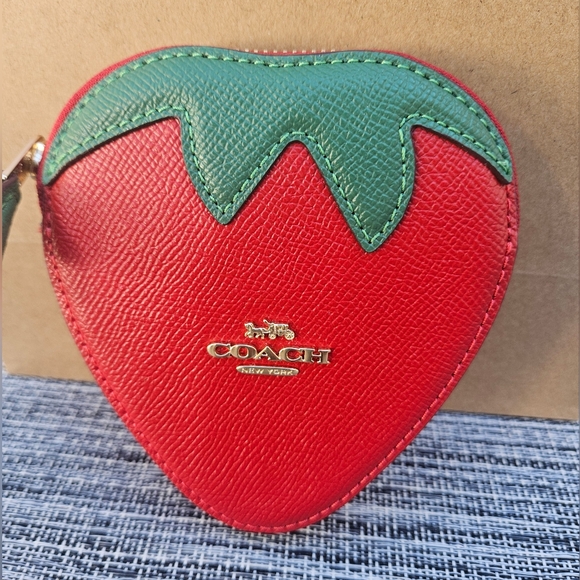 Coach Accessories - Coach Red and Green Strawberry Leather Coin Pouch Nwt